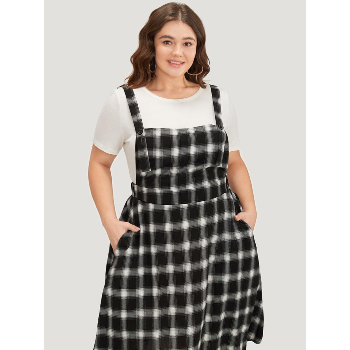 Plus Size Plaid Pocket Elastic Waist Overall Cami Dress Black Women Casual Adjustable Straps Spaghetti Strap Sleeveless Curvy Knee Dress BloomChic 12/L Product Image
