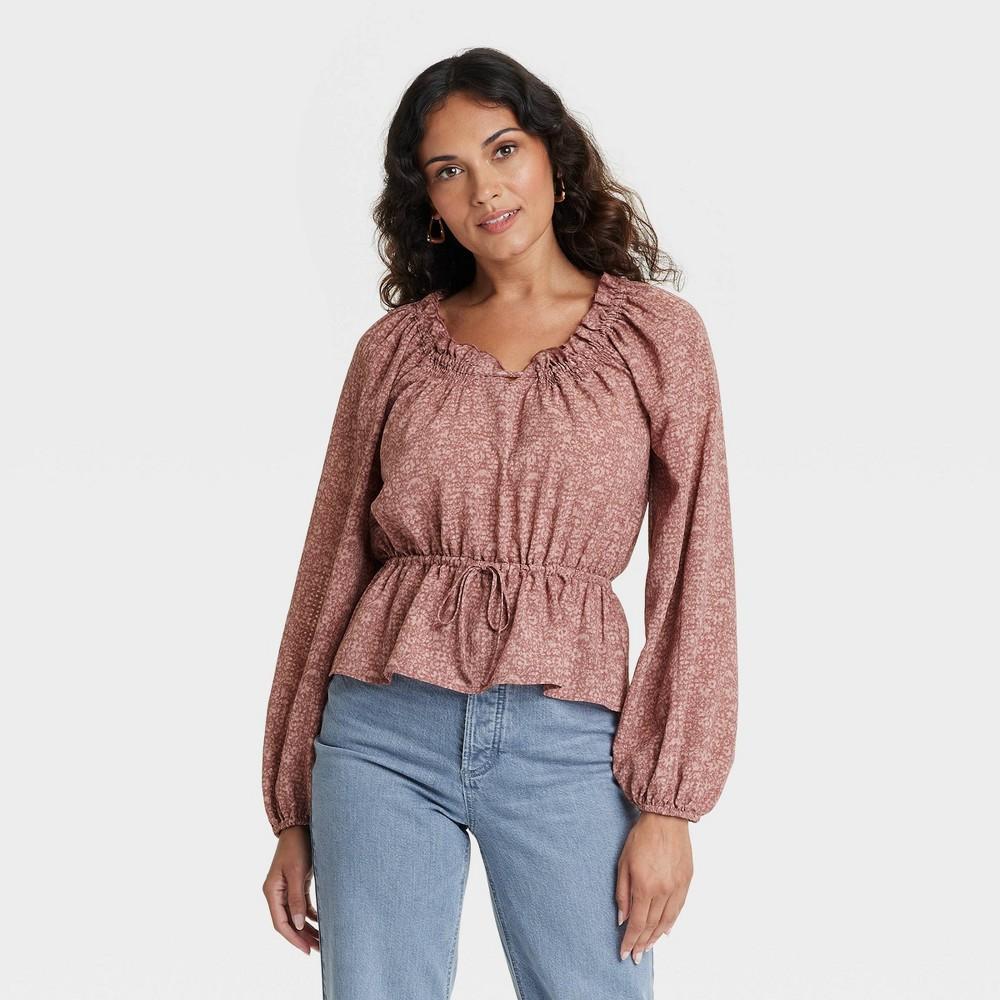 Womens Balloon Long Sleeve Blouse - Universal Thread Mauve Floral L Product Image