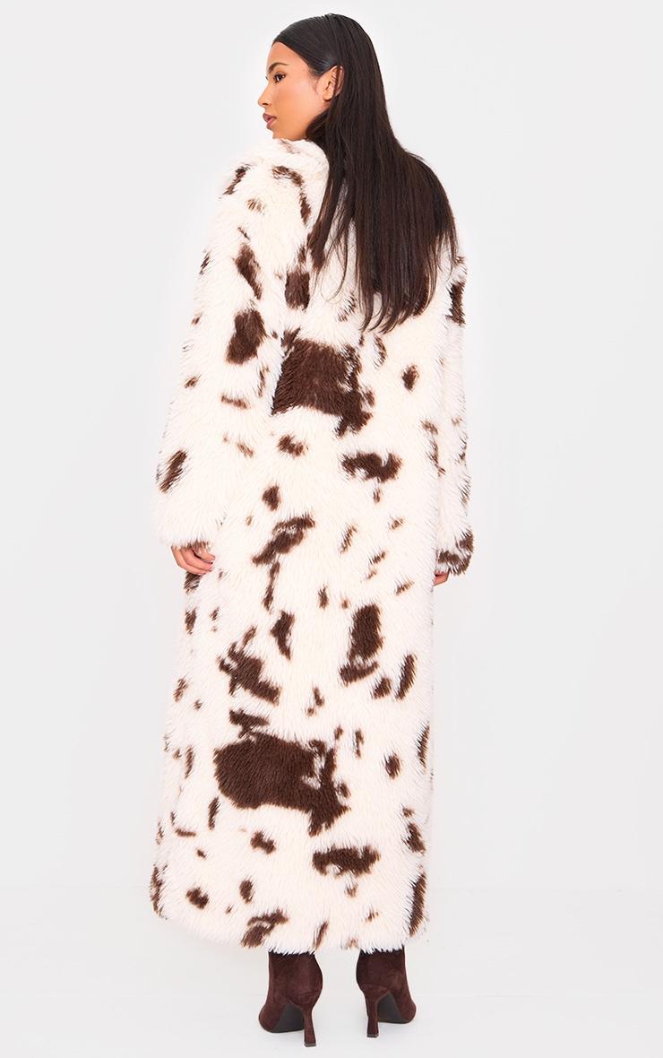 Cream Cow Print Shaggy Faux Fur Maxi Coat Product Image