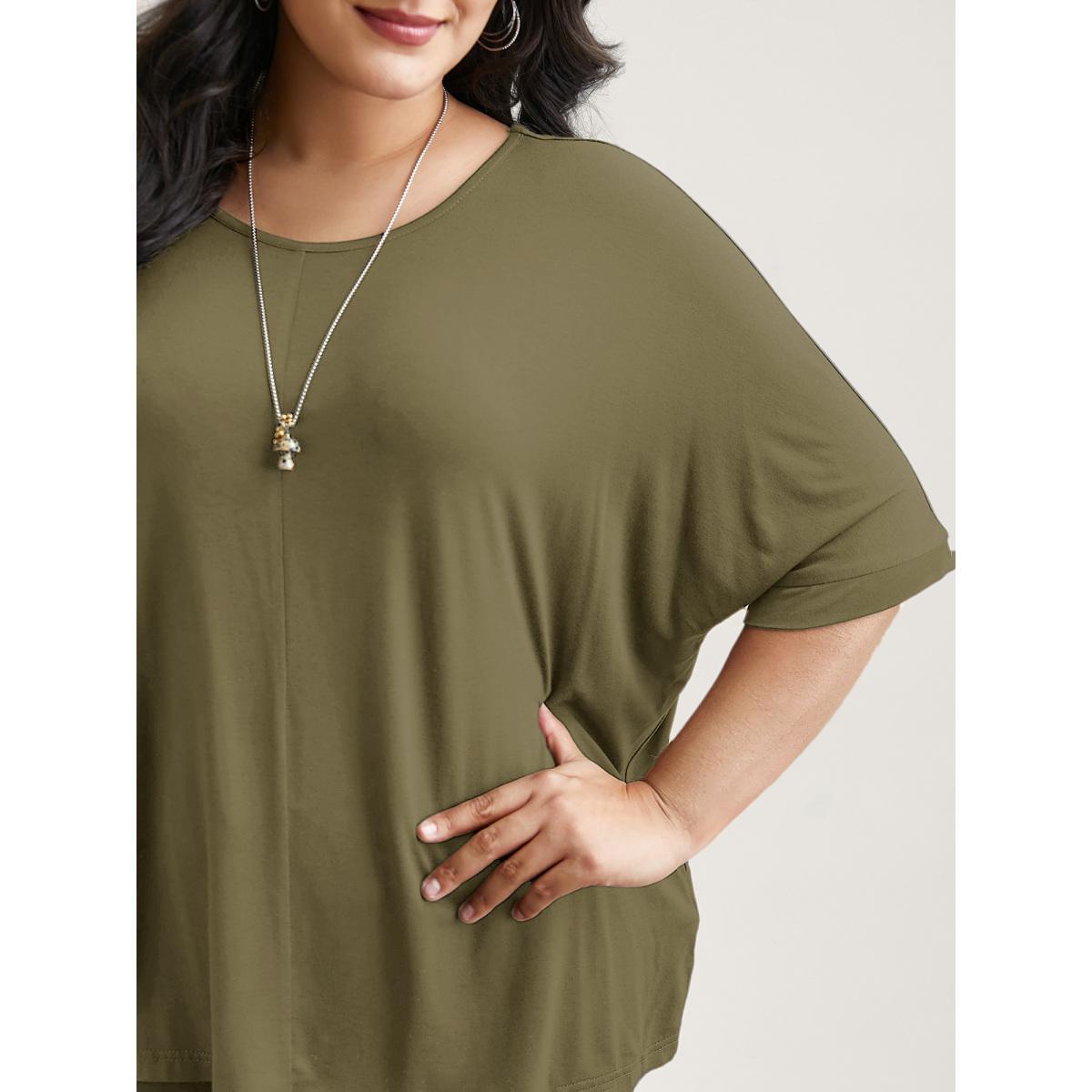 Plus Size Supersoft Round Neck Plain T-Shirt ArmyGreen Women Casual Non Round Neck Everyday T-shirts BloomChic 28/5X Product Image