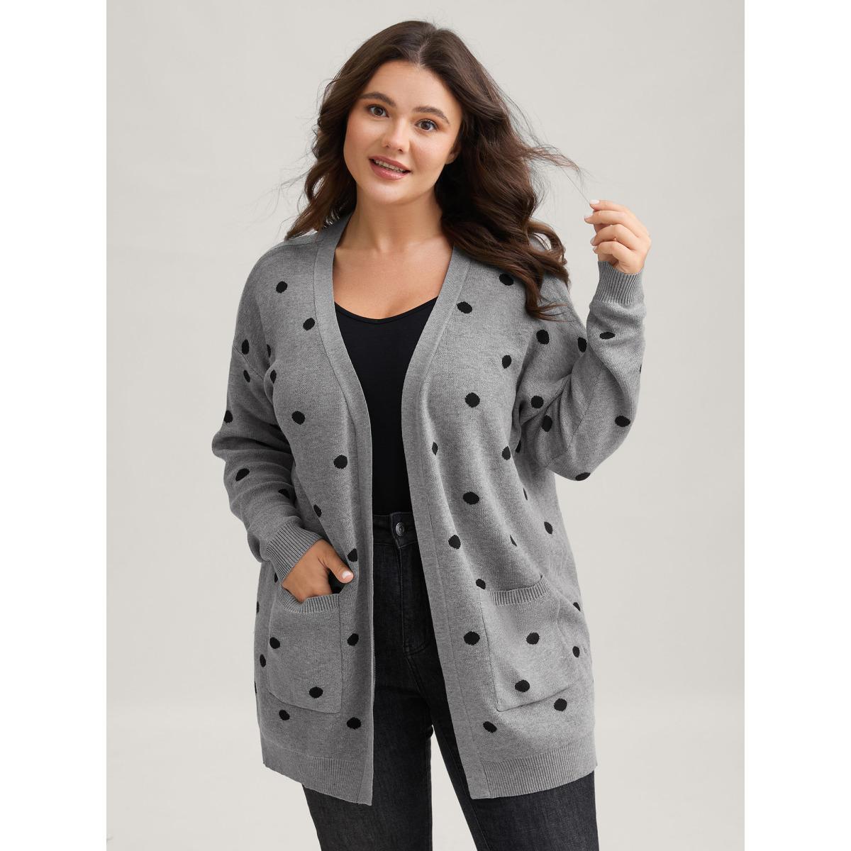 Plus Size Polka Dot Kimono Collar Patch Pocket Cardigan Mediumgray Women Casual Loose Long Sleeve Everyday Cardigans BloomChic 14-16/1X Product Image