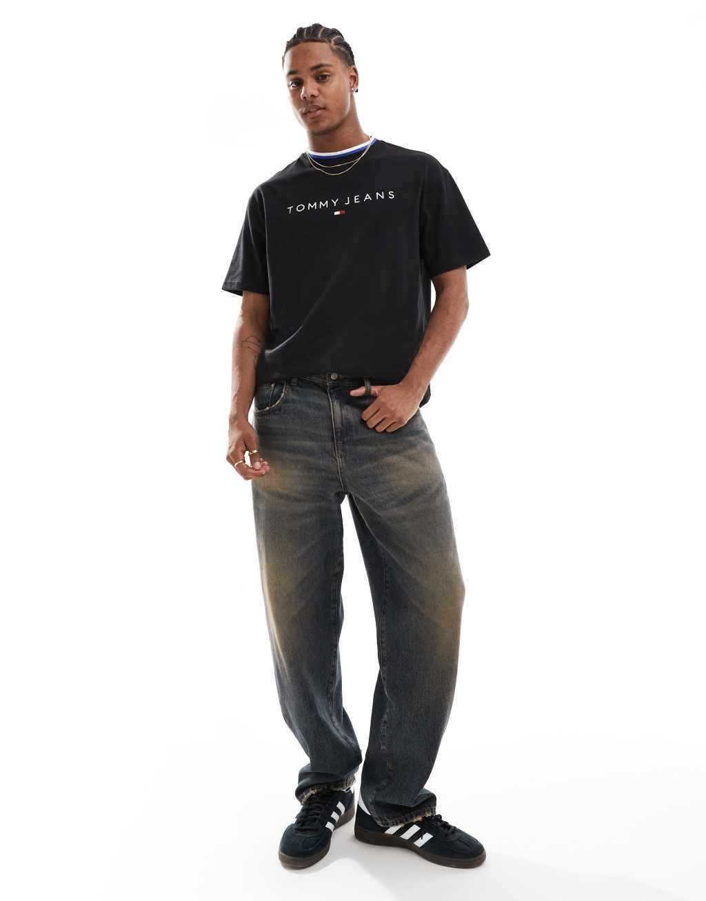 Tommy Jeans linear logo ringer T-shirt in black Product Image