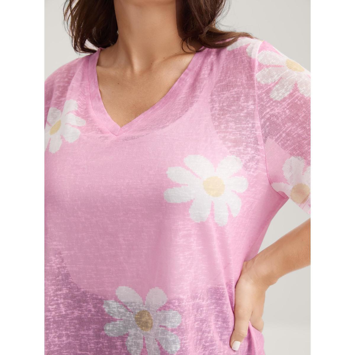Plus Size Colored Floral V Neck See Through T-Shirt Blush Women Casual See through Art&design V-neck Everyday T-shirts BloomChic 30/6X Product Image