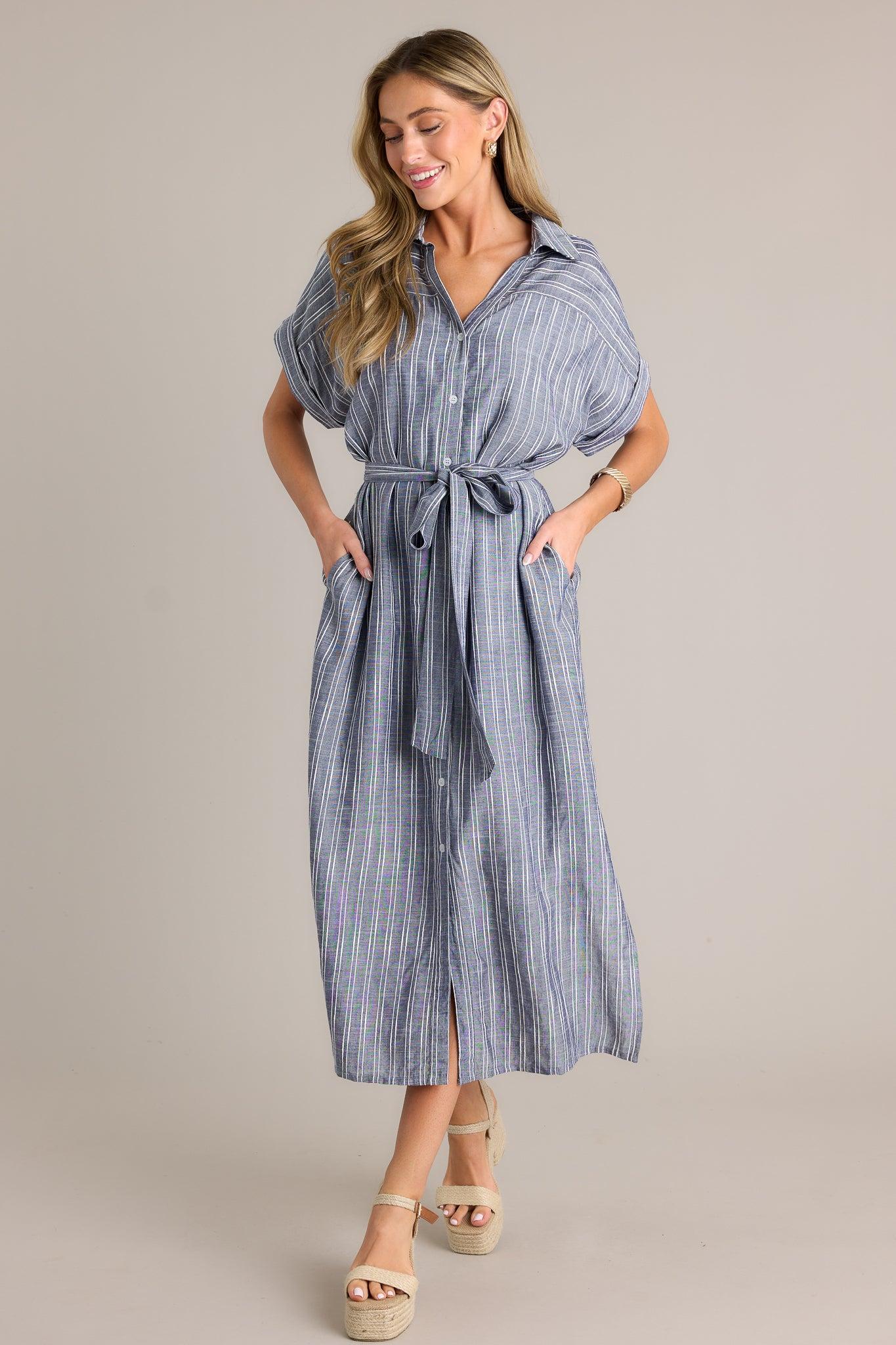 Endless Journey Blue Stripe Midi Shirt Dress Product Image