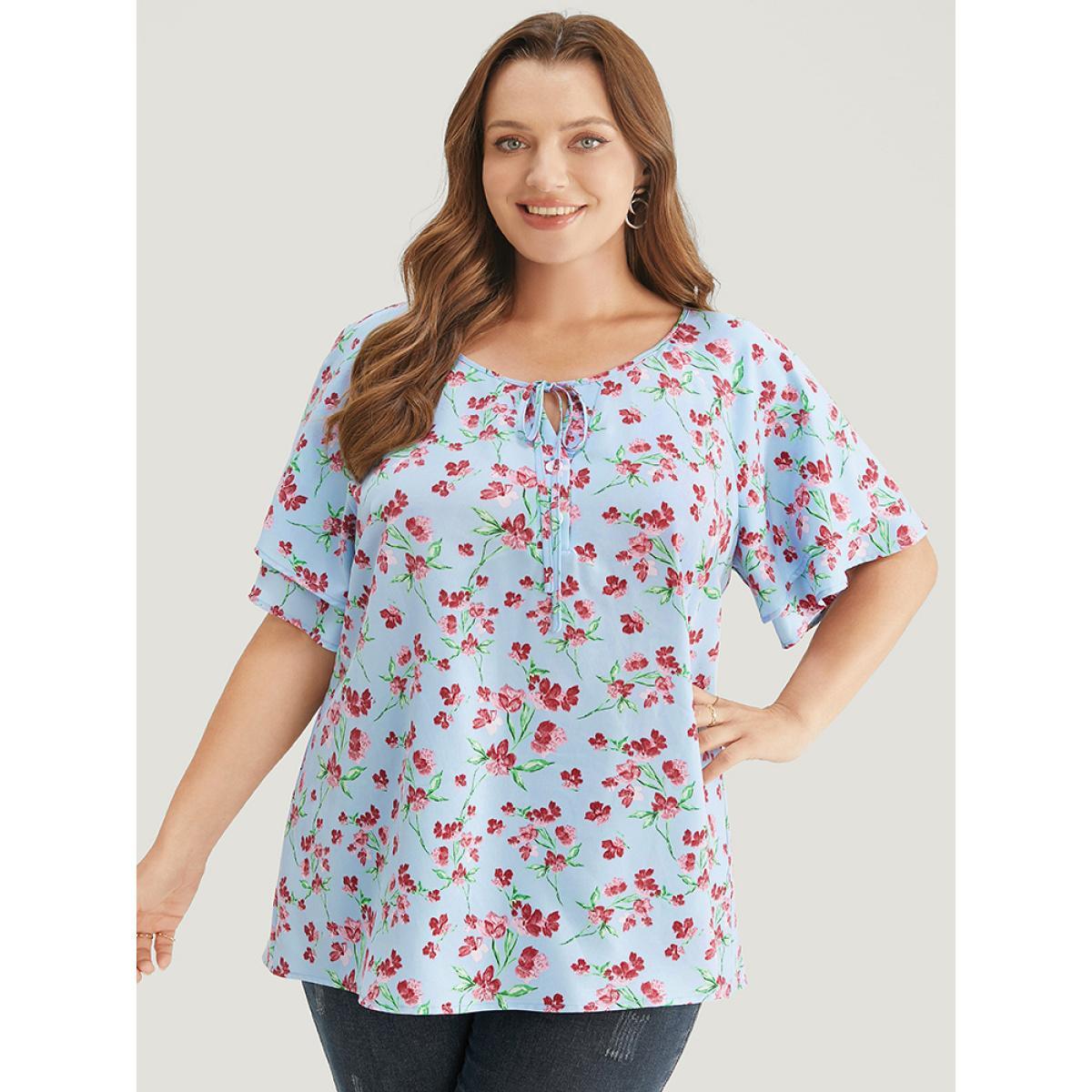 Plus Size LightBlue Ditsy Floral Keyhole Knot Neck Tiered Sleeve Blouse Women Elegant Short sleeve Round Neck Dailywear Blouses BloomChic 22-24/3X Product Image