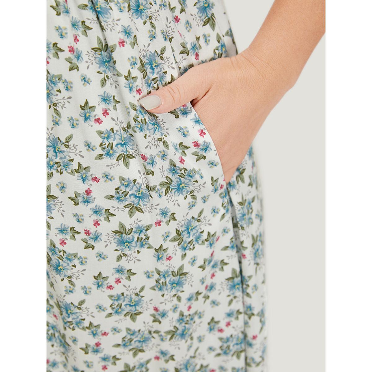 Plus Size Ditsy Floral Ruffles Pocket Empire Waist Crochet Lace Tank Dress WhiteSmoke Women Elegant Gathered V-neck Sleeveless Curvy Midi Dress BloomChic 10/M Product Image
