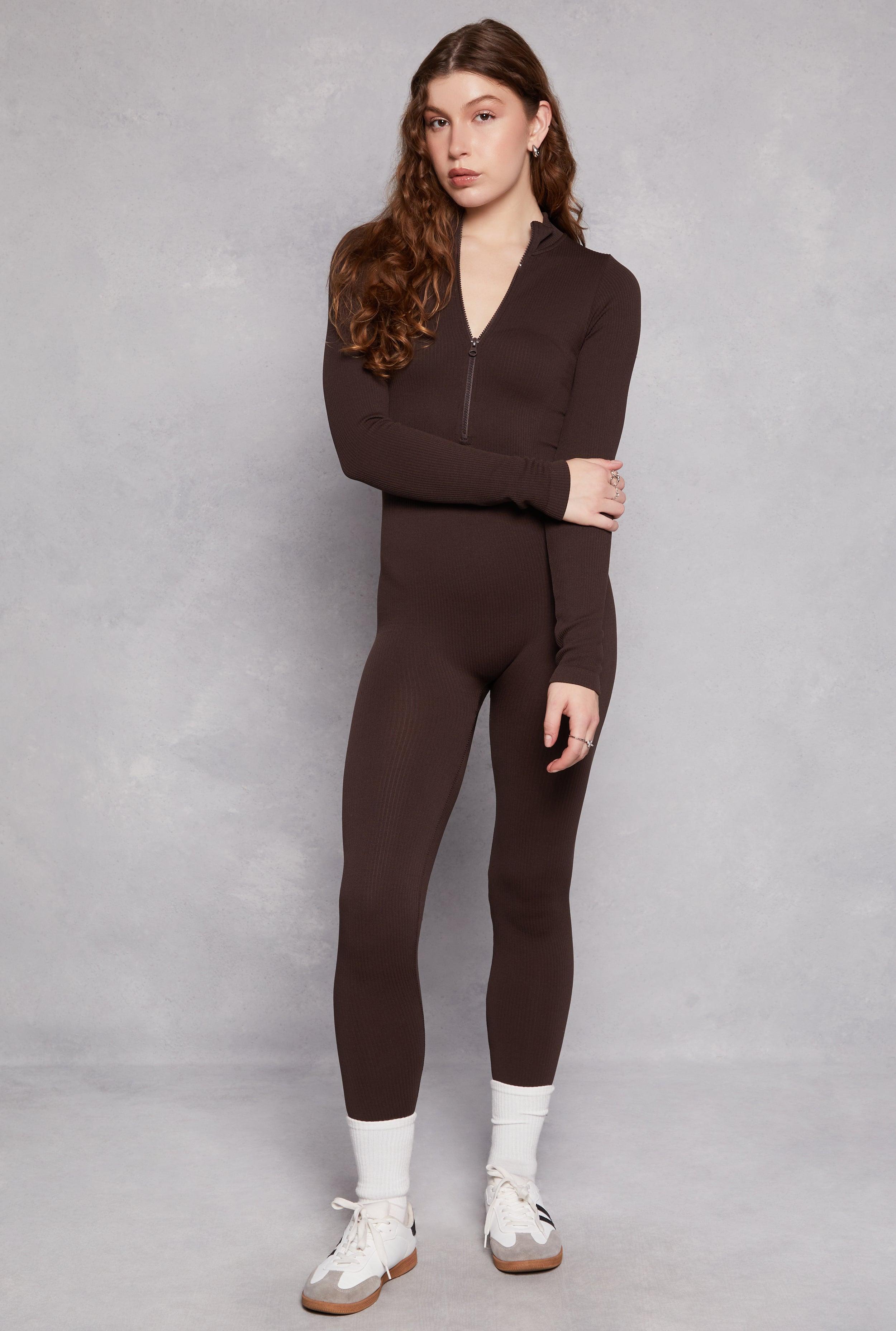 Womens Ribbed Knit Half Zip Long Sleeve Catsuit Product Image