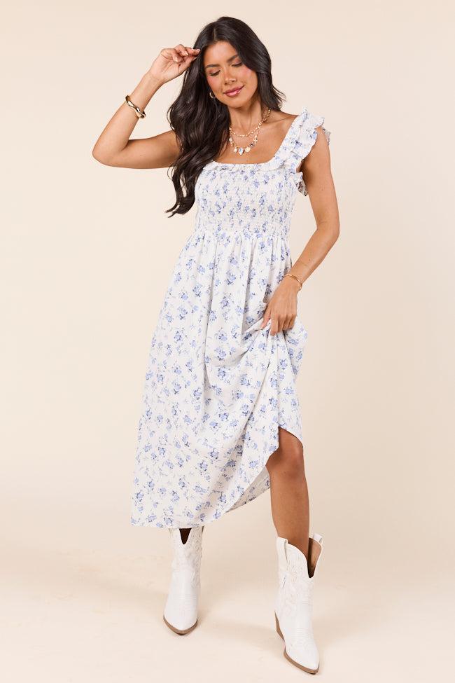 Lizzy Ruffle Smocked Top Blue Floral Maxi Dress Product Image