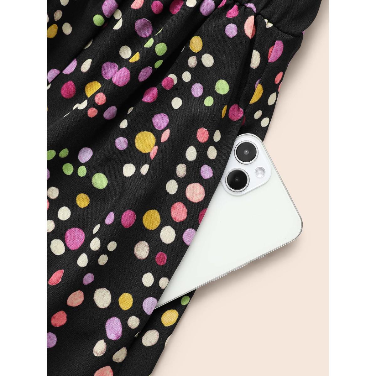 Plus Size Polka Dot Shirred Belted Split Hem Dress Black Women Elegant Belted V-neck Long Sleeve Curvy BloomChic 12/L Product Image