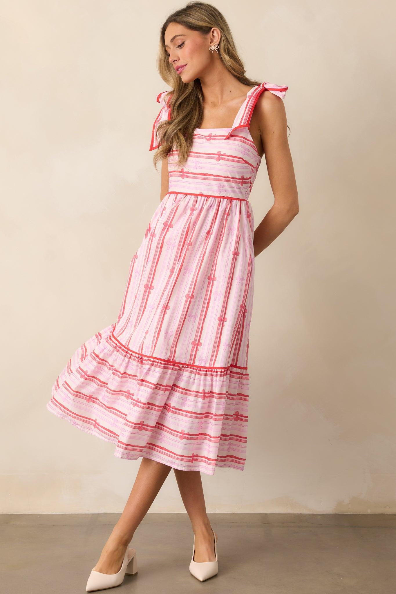 Through The Fields Pink Multi Stripe Cotton Midi Dress Product Image