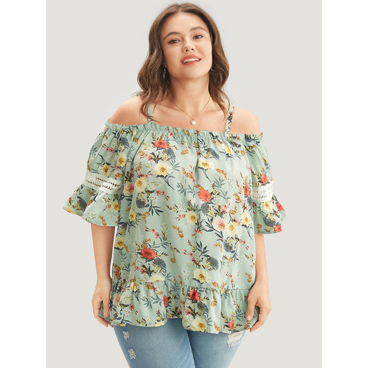 Plus Size Mint Floral Print Lace Insert Ruffles Cold Shoulder Blouse Women Elegant Short sleeve Cold Shoulder Dailywear Blouses BloomChic 28/5X Product Image