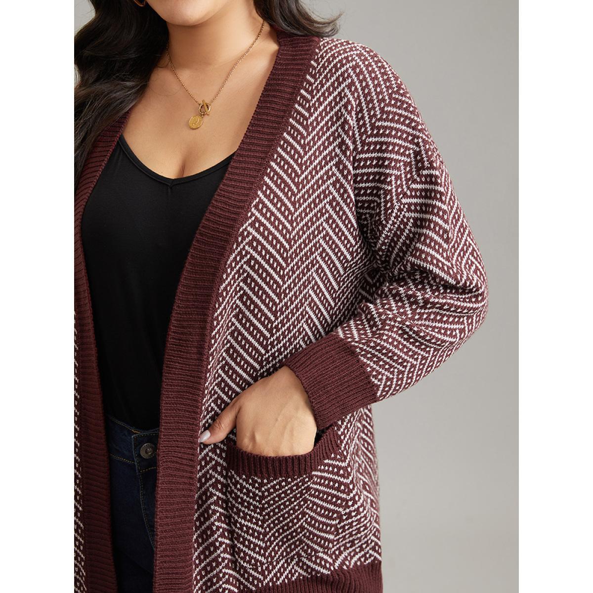 Plus Size Jacquard Open Front Pocket Loose Cardigan Maroon Women Casual Loose Long Sleeve Dailywear Cardigans BloomChic 12/L Product Image