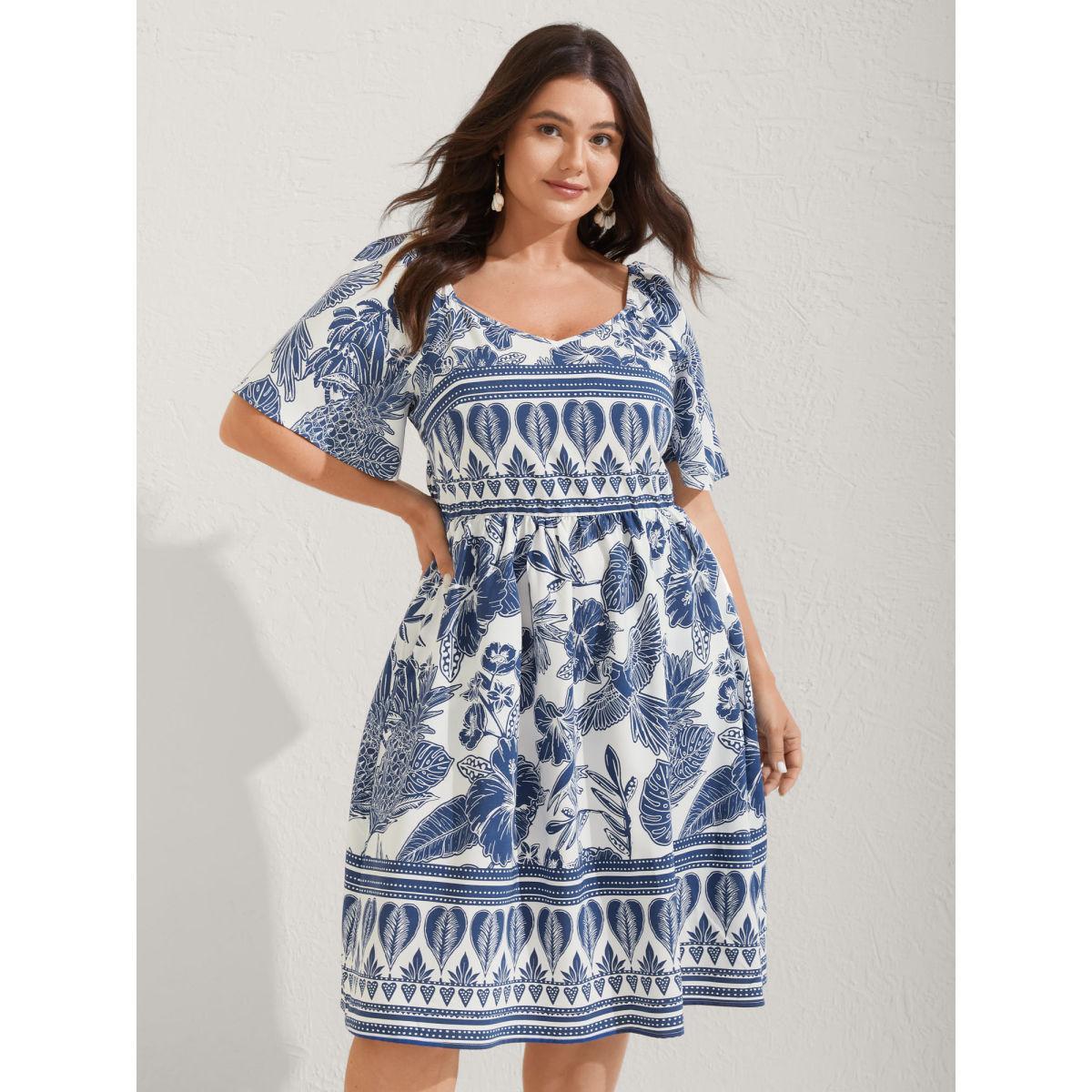 Plus Size Boho Print Fit Flare Pockets Midi Dress DarkBlue Women Resort Non Heart neckline Short sleeve Curvy BloomChic 30/6X Product Image