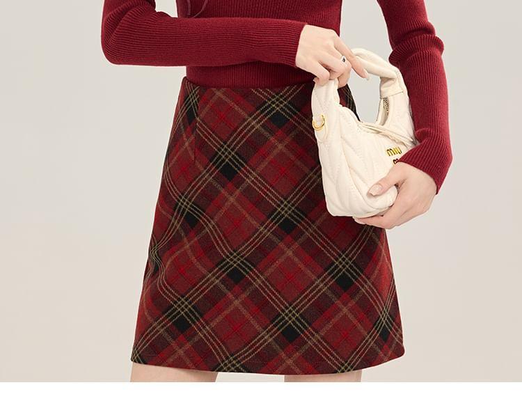 Long-Sleeve Square Neck Plain Knit Top / Plaid Mini Skirt Product Image