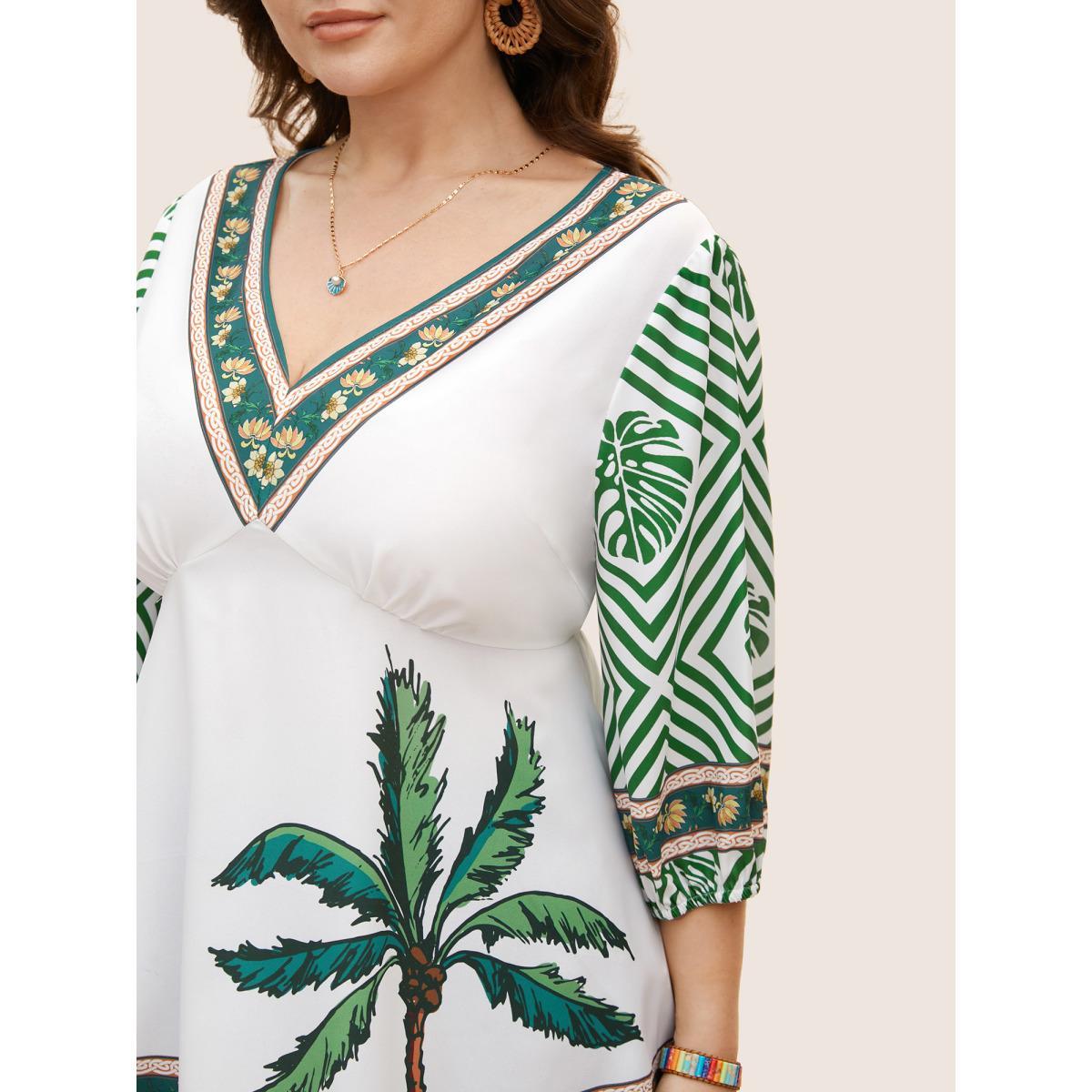 Plus Size Moss Boho Coconut Tree Print Lantern Sleeve Blouse Women Resort Elbow-length sleeve V-neck Vacation Blouses BloomChic 14-16/1X Product Image