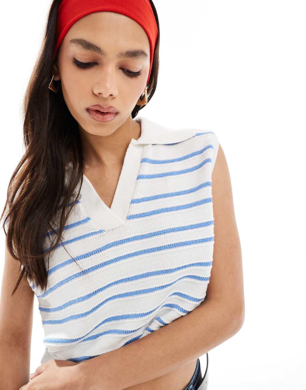 ASOS DESIGN knit tank top with collar detail and tipping in blue Product Image