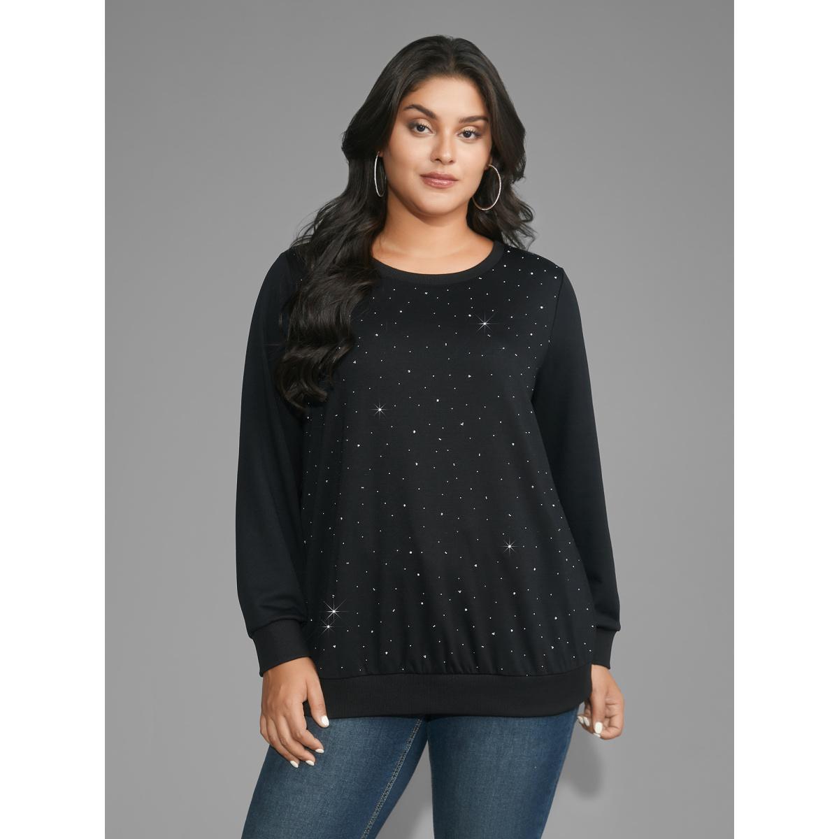 Plus Size Crew Neck Rhinestone Slightly Stretchy Sweatshirt Women Black Casual Rhinestone detailing Round Neck Everyday Sweatshirts BloomChic 22-24/3X Product Image