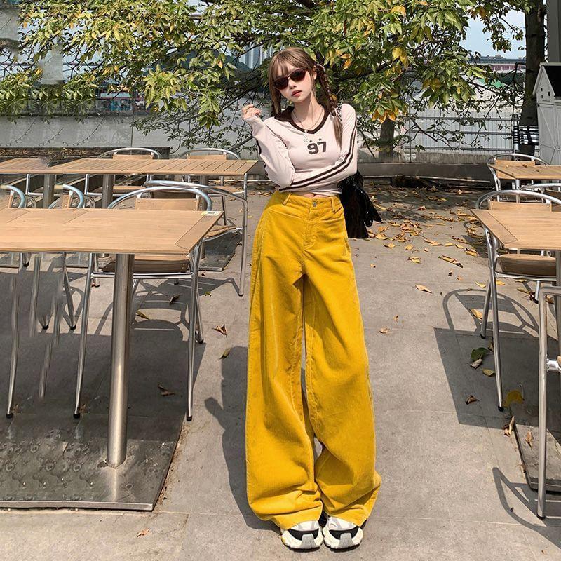 High Rise Corduroy Plain Wide Leg Pants (Various Designs) Product Image