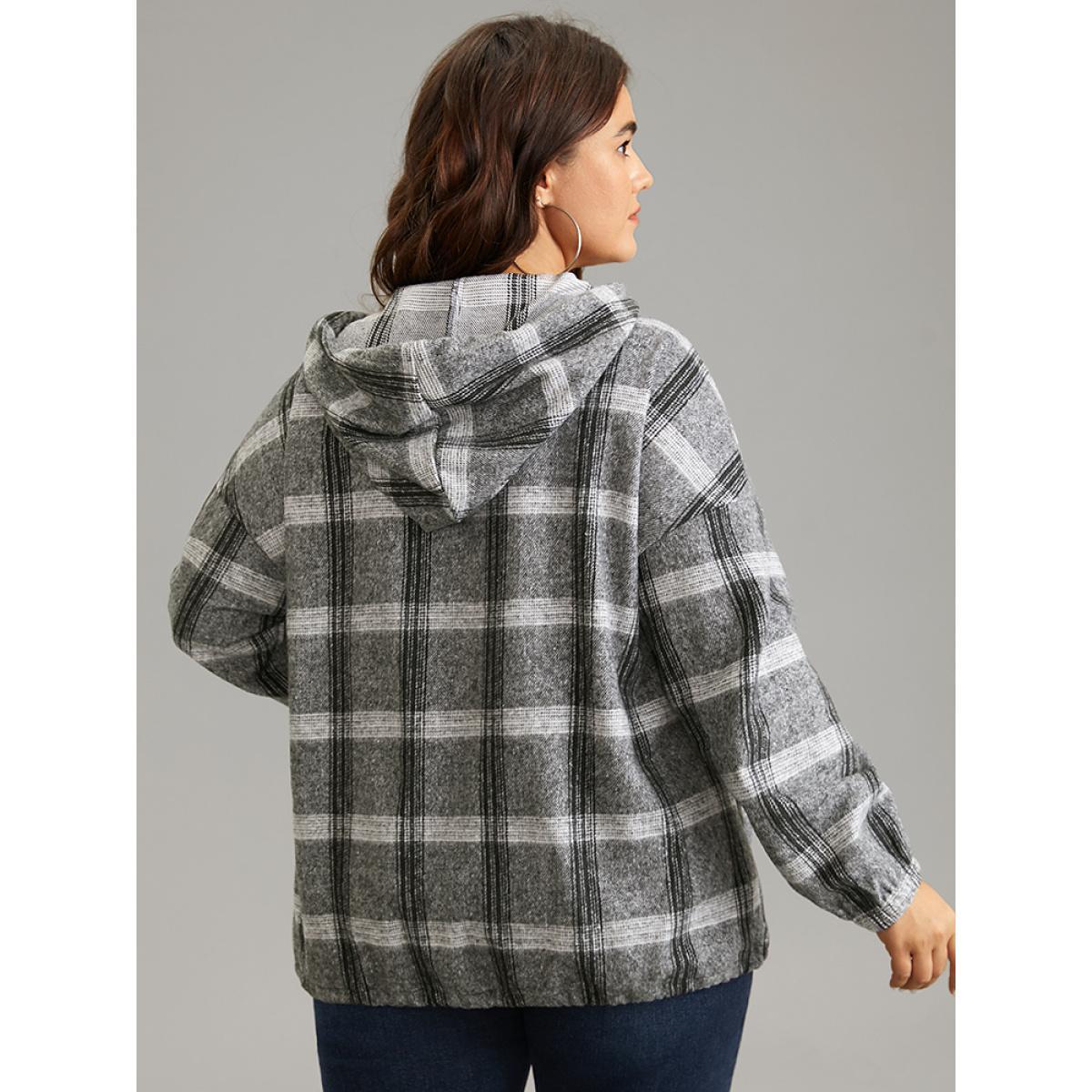 Plus Size Plaid Half Zip Pocket Hooded Sweatshirt Women DimGray Casual Elastic cuffs Hooded Everyday Sweatshirts BloomChic 28/5X Product Image