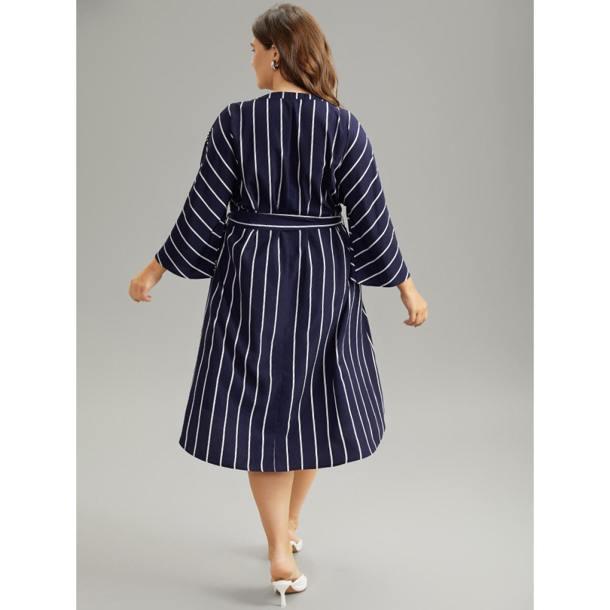 Plus Size Striped Patchwork Polka Dot Belted Notched Dress DarkBlue Women Office Belted Notched collar Elbow-length sleeve Curvy Midi Dress BloomChic 18-20/2X Product Image