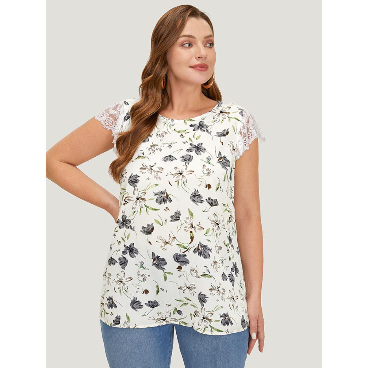 Plus Size White Floral Printed Lace Cap Sleeve Blouse Women Elegant Cap Sleeve Round Neck Dailywear Blouses BloomChic 14-16/1X Product Image