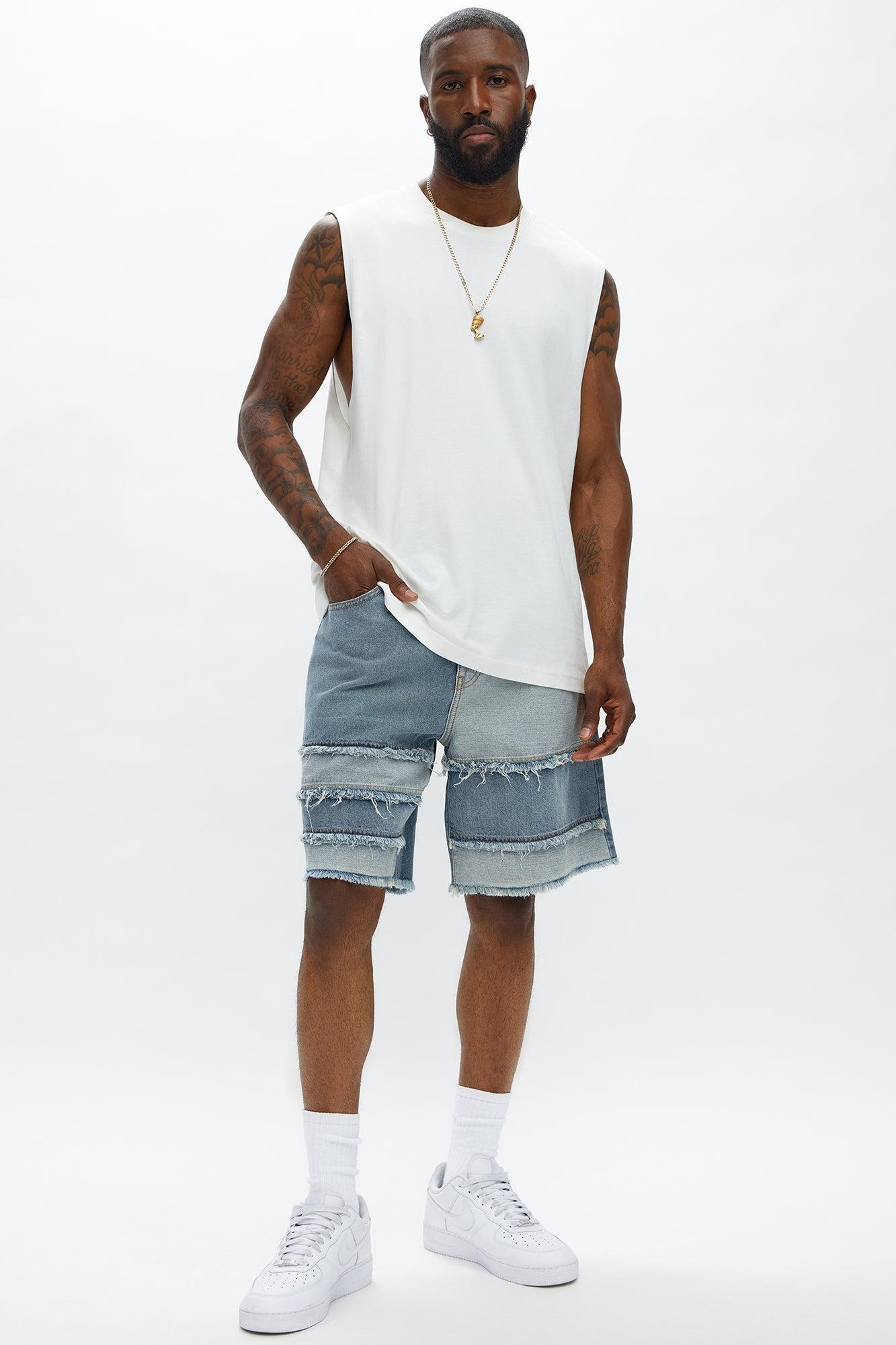 Relaxed Contrast With The Fray Denim Shorts - Medium Blue Wash Male Product Image