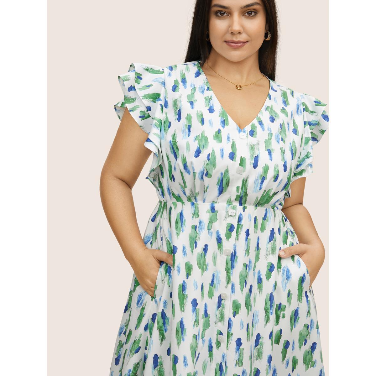 Plus Size Allover Print Tiered Ruffle Cap Sleeve Dress White Women At the Office Button V-neck Cap Sleeve Curvy BloomChic 26/4X Product Image