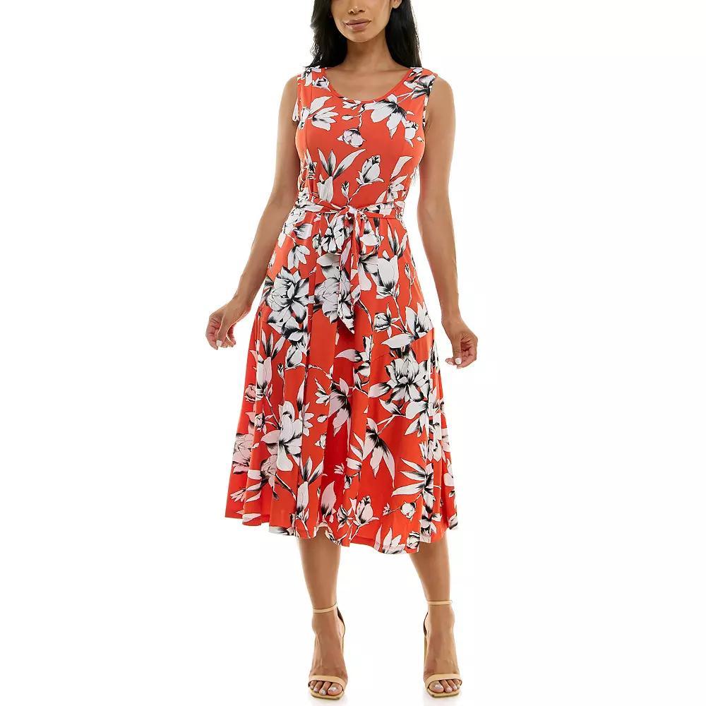Women's Nina Leonard Belted Sleeveless Print Midi Dress, Size: XL, Brown Team Product Image