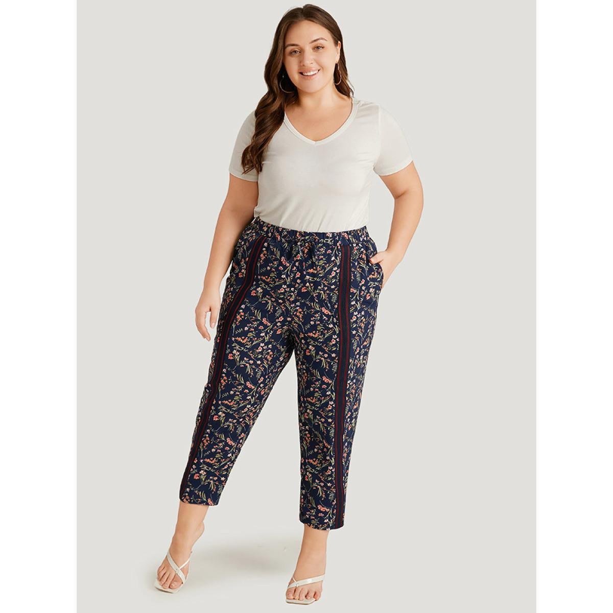Plus Size Ditsy Floral Pocket Elastic Waist Ties Patchwork Pants Women Indigo Elegant High Rise Dailywear Pants BloomChic 22-24/3X Product Image