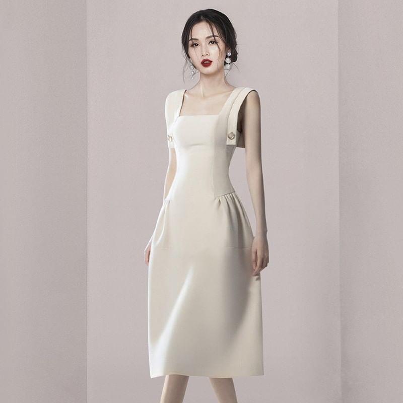 Sleeveless Square Neck Plain Midi A-Line Dress Product Image