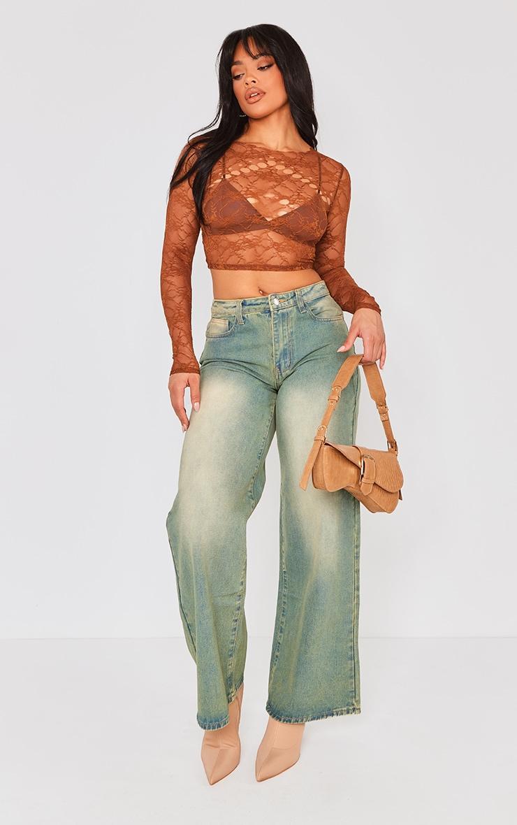 Brown Lace Cut Out Long Sleeve Top Product Image