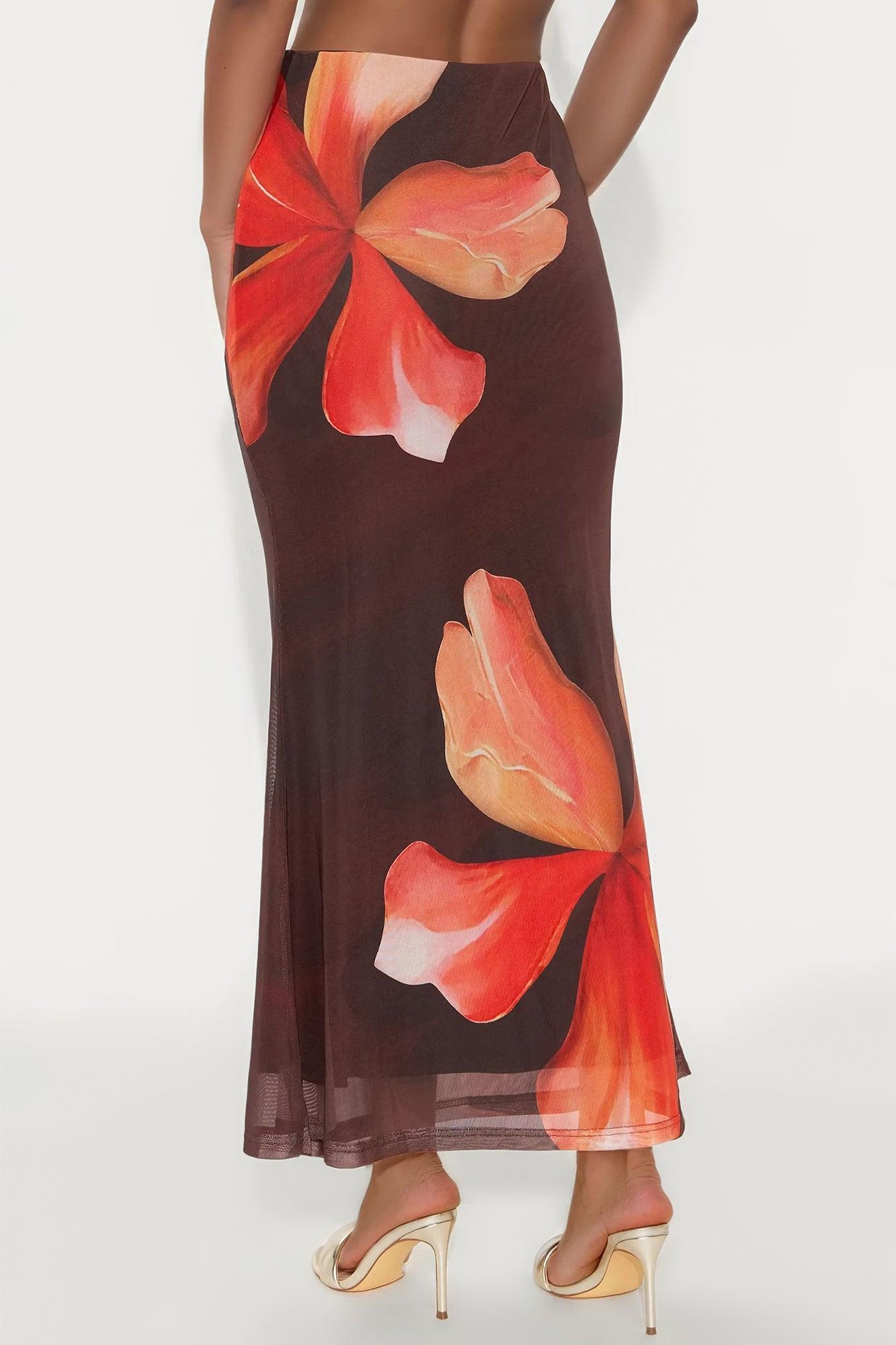 Into The Night Floral Mesh Maxi Skirt - Brown/combo Product Image