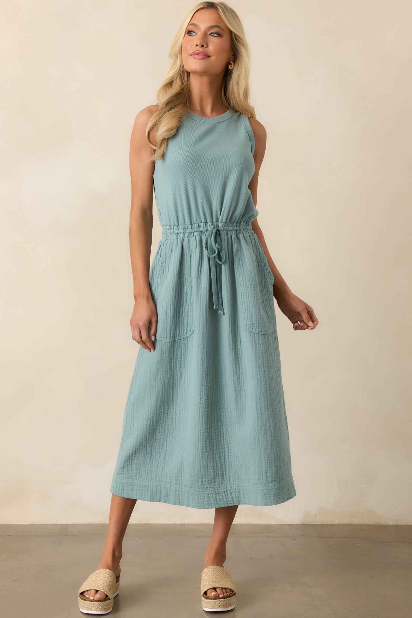Moving Slowly Sage Cotton Gauze Sleeveless Midi Dress Product Image