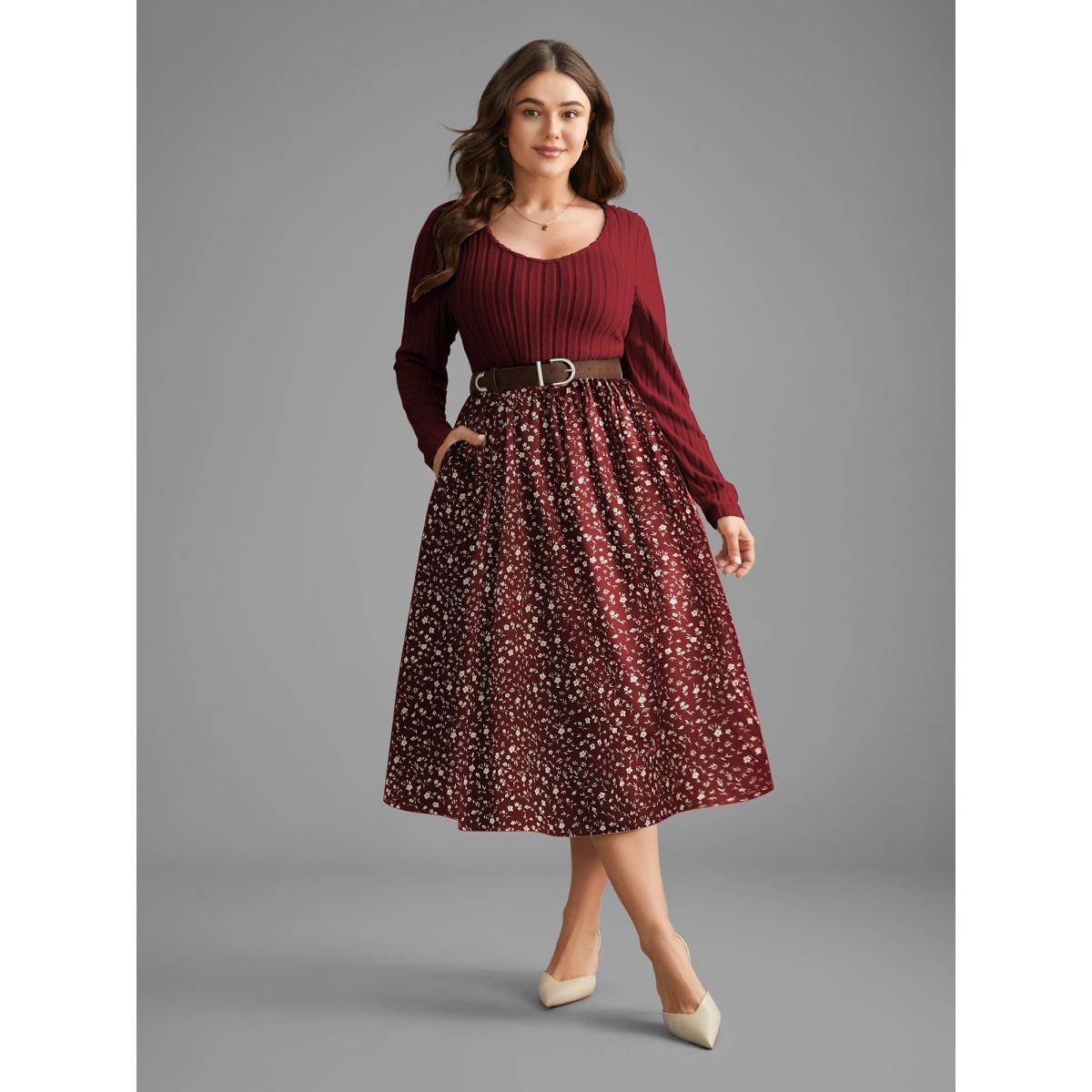 Plus Size Ditsy Floral Patchwork Texture Midi Dress Burgundy Women Elegant Texture V-neck Long Sleeve Curvy BloomChic 14-16/1X Product Image