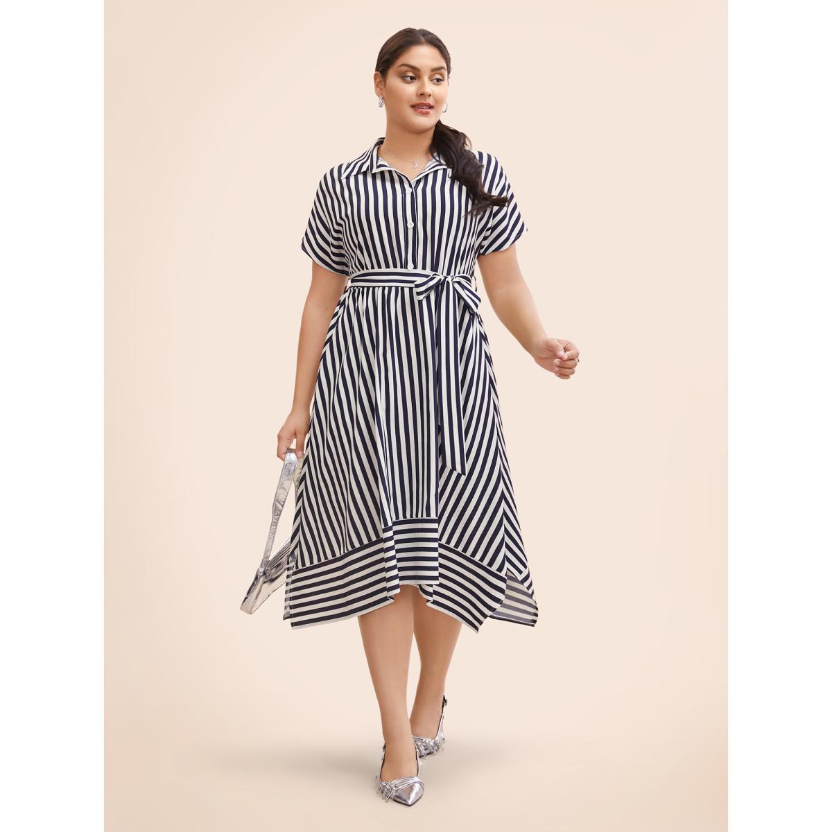 Plus Size Shirt Collar Striped Hanky Hem Dress Skyblue Women Workwear Essentials Belted Shirt collar Short sleeve Curvy BloomChic 26/4X Product Image