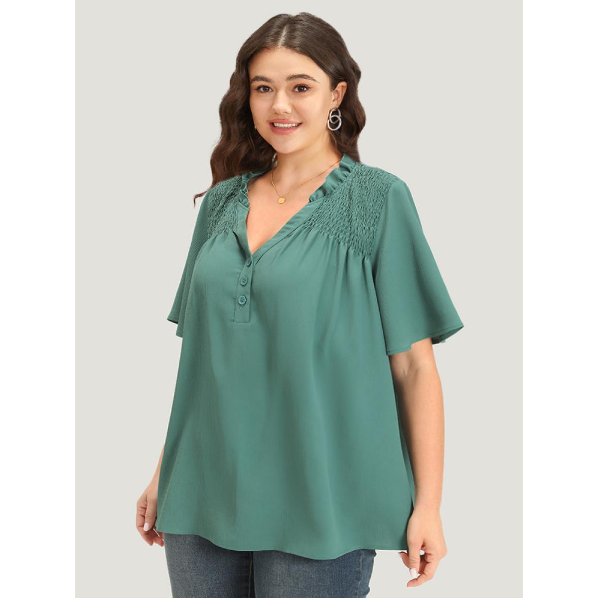 Plus Size Aegean Plain Shirred Button Through Frill Trim Stand Collar Blouse Women Elegant Short sleeve V-neck Dailywear Blouses BloomChic 26/4X Product Image
