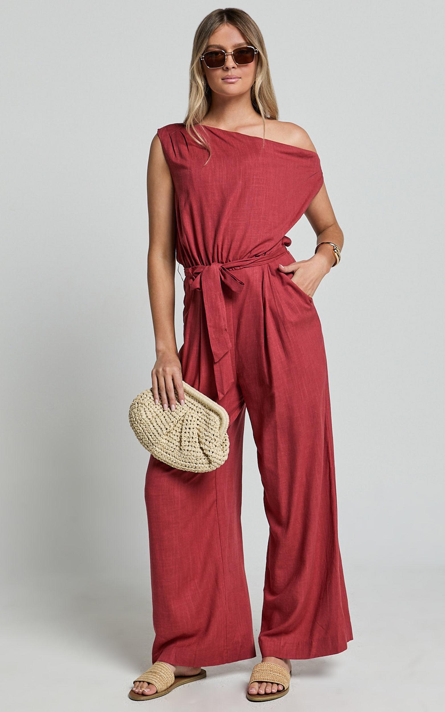 Adria Jumpsuit - Asymmetrical Short Sleeve Linen Jumpsuit in Clay Product Image