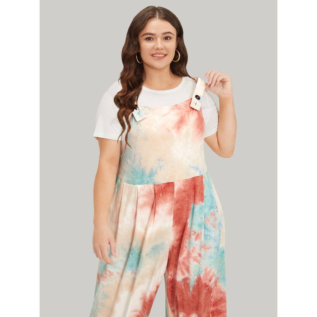 Plus Size Multicolor Tie Dye Pocket Button Adjustable Straps Jumpsuit Women Casual Sleeveless Spaghetti Strap Dailywear Loose Jumpsuits BloomChic 28/5X Product Image