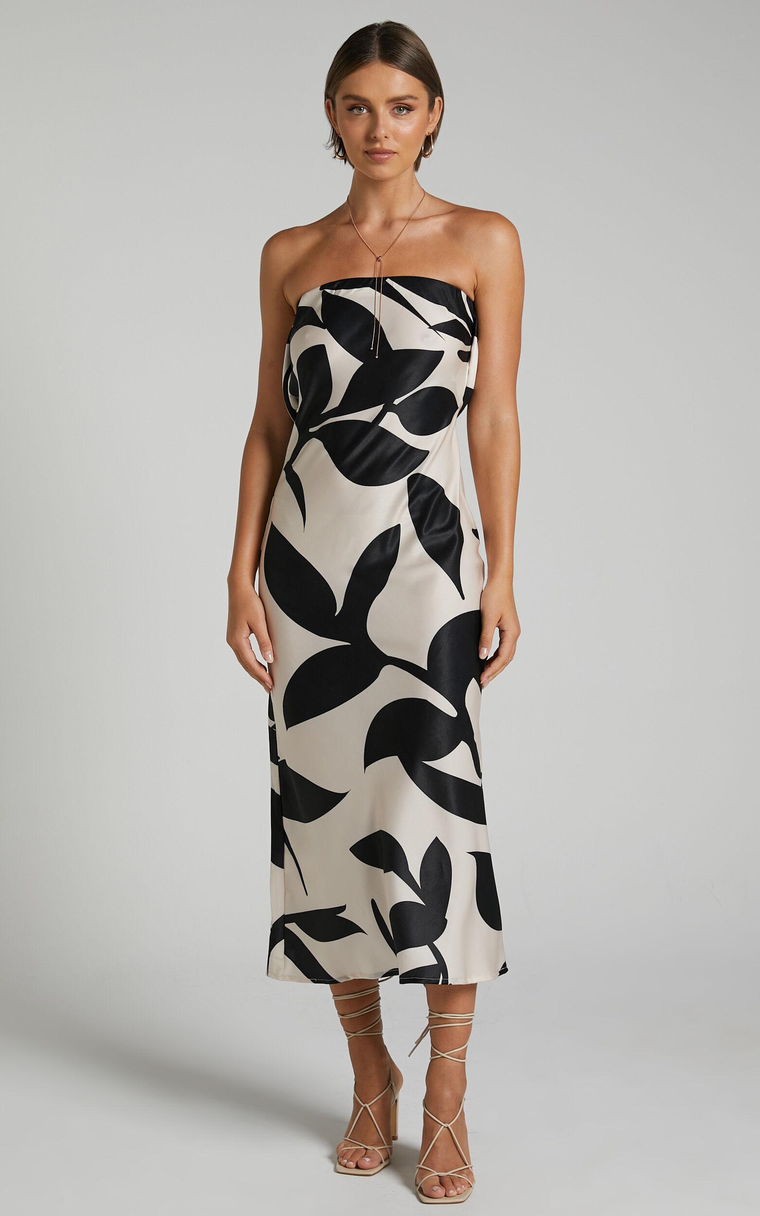 Madelyn Midi Dress - Strapless Palm Print Satin Dress in Cream and Black Shadow Print Product Image