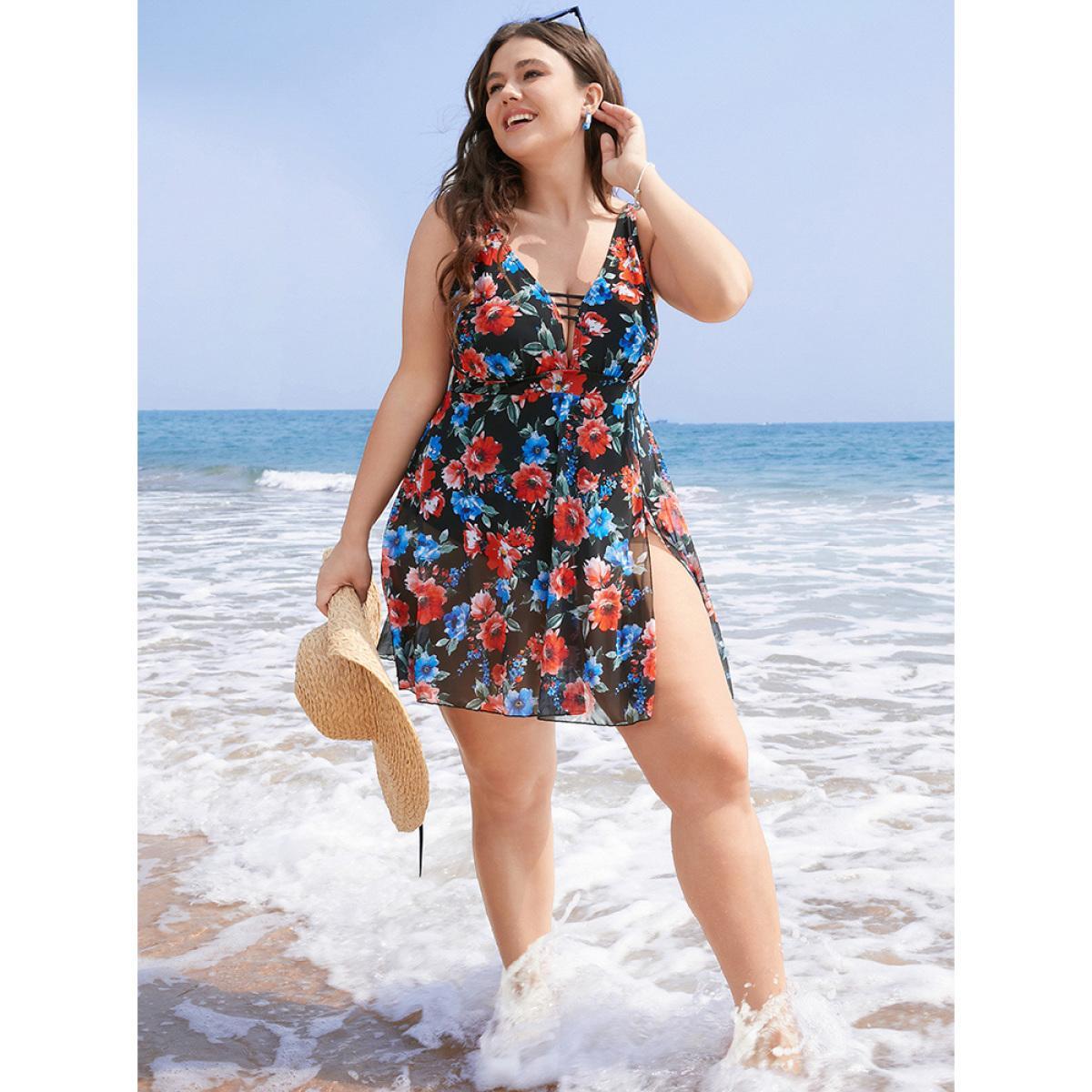 Plus Size Floral Print Deep V Neck Sculpt Waist Split Swim Dress Women's Swimwear BlackFlower Vacation Bodycon Deep V-neck High stretch Curve Swim Dresses BloomChic 10/M Product Image