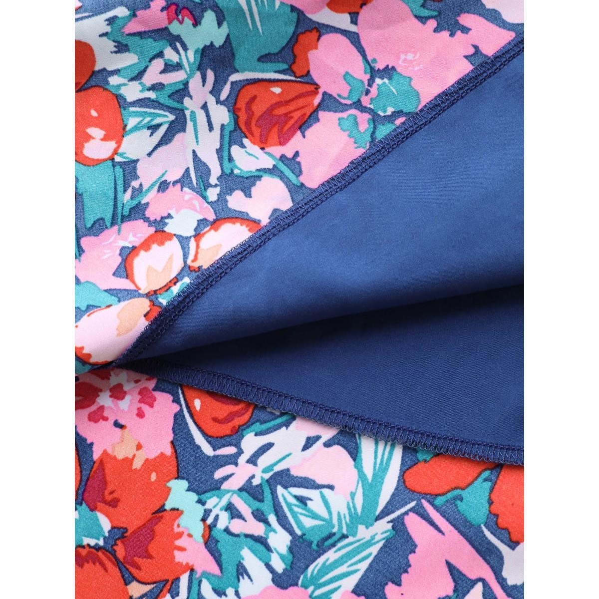 Plus Size Floral Print Off-Shoulder Pockets Midi Dress DarkBlue Women Heart neckline Short sleeve Curvy BloomChic 14-16/1X Product Image
