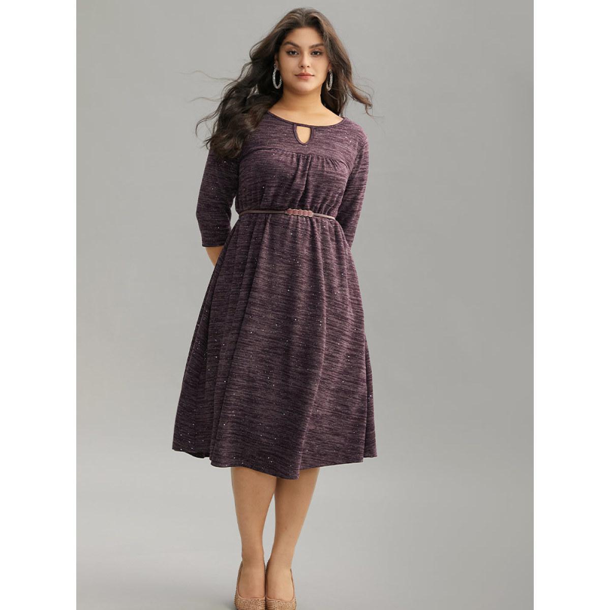 Plus Size Glitter Keyhole Gathered Elastic Waist Dress Purple Women Elegant Rib Knit Keyhole Cut-Out Elbow-length sleeve Curvy Midi Dress BloomChic 18-20/2X Product Image