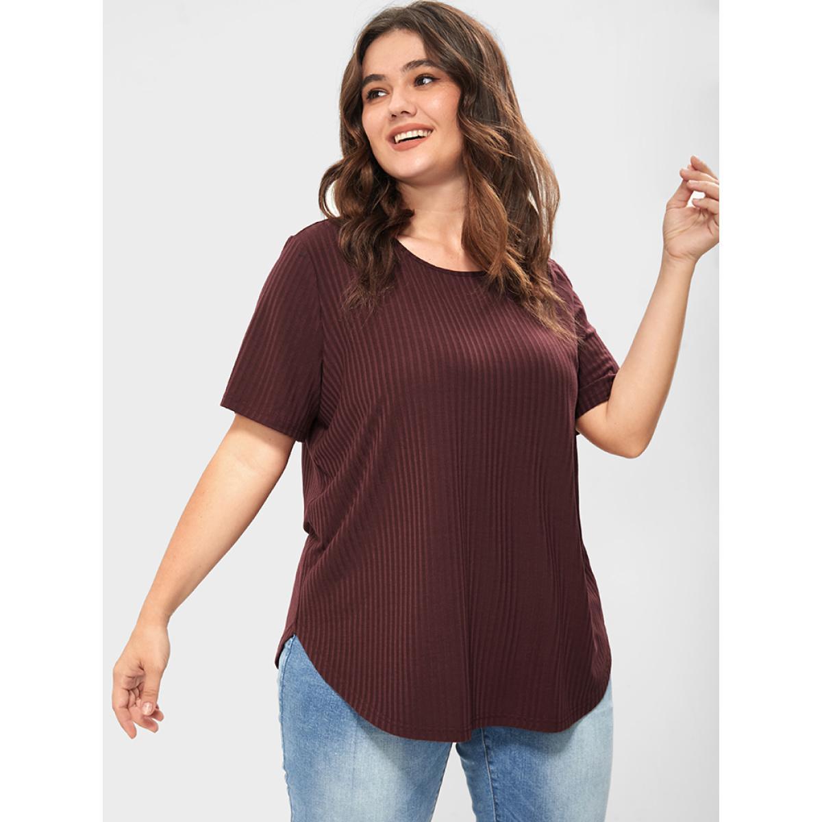 Plus Size Plain Button Back Rib Knit Tee Burgundy Women Elegant Button Plain Round Neck Dailywear T-shirts BloomChic 26/4X Product Image