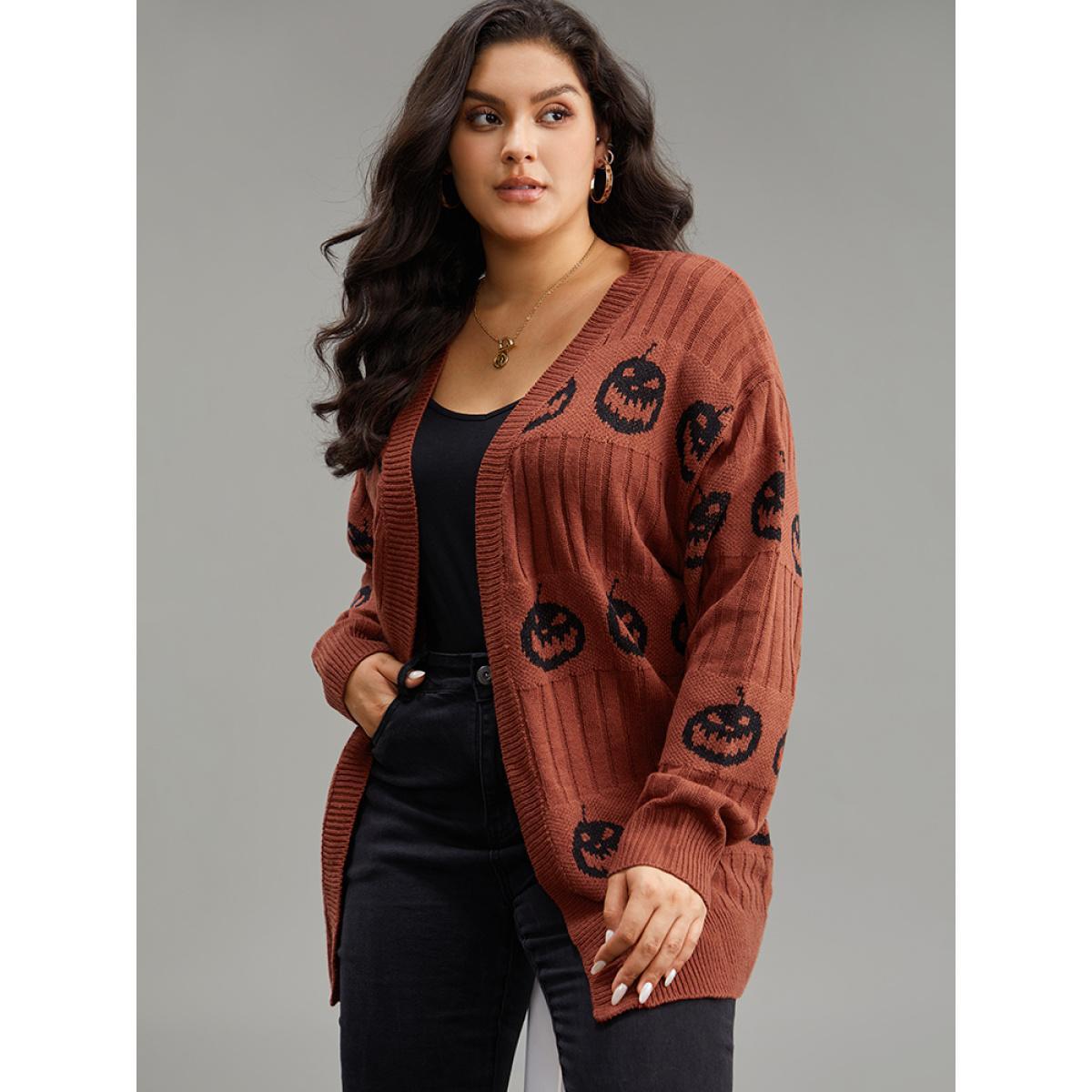 Plus Size Halloween Pumpkin Graphic Open Front Cardigan Rust Women Casual Loose Long Sleeve Festival-Halloween Cardigans BloomChic 30/6X Product Image