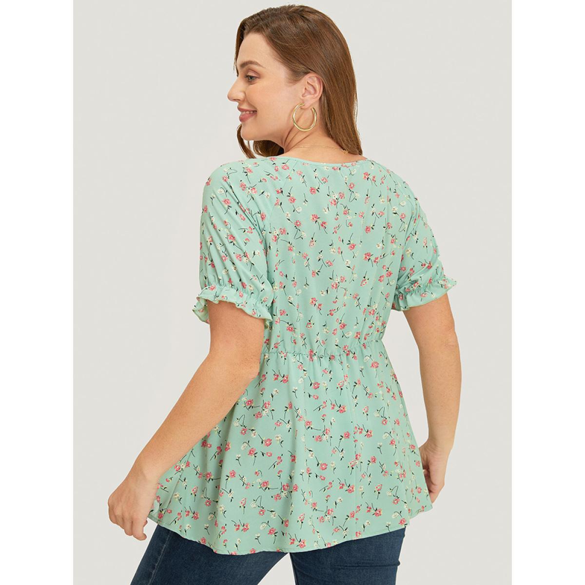 Plus Size Mint Ditsy Floral Twist Front Puff Sleeve Blouse Women Elegant Short sleeve V-neck Dailywear Blouses BloomChic 30/6X Product Image