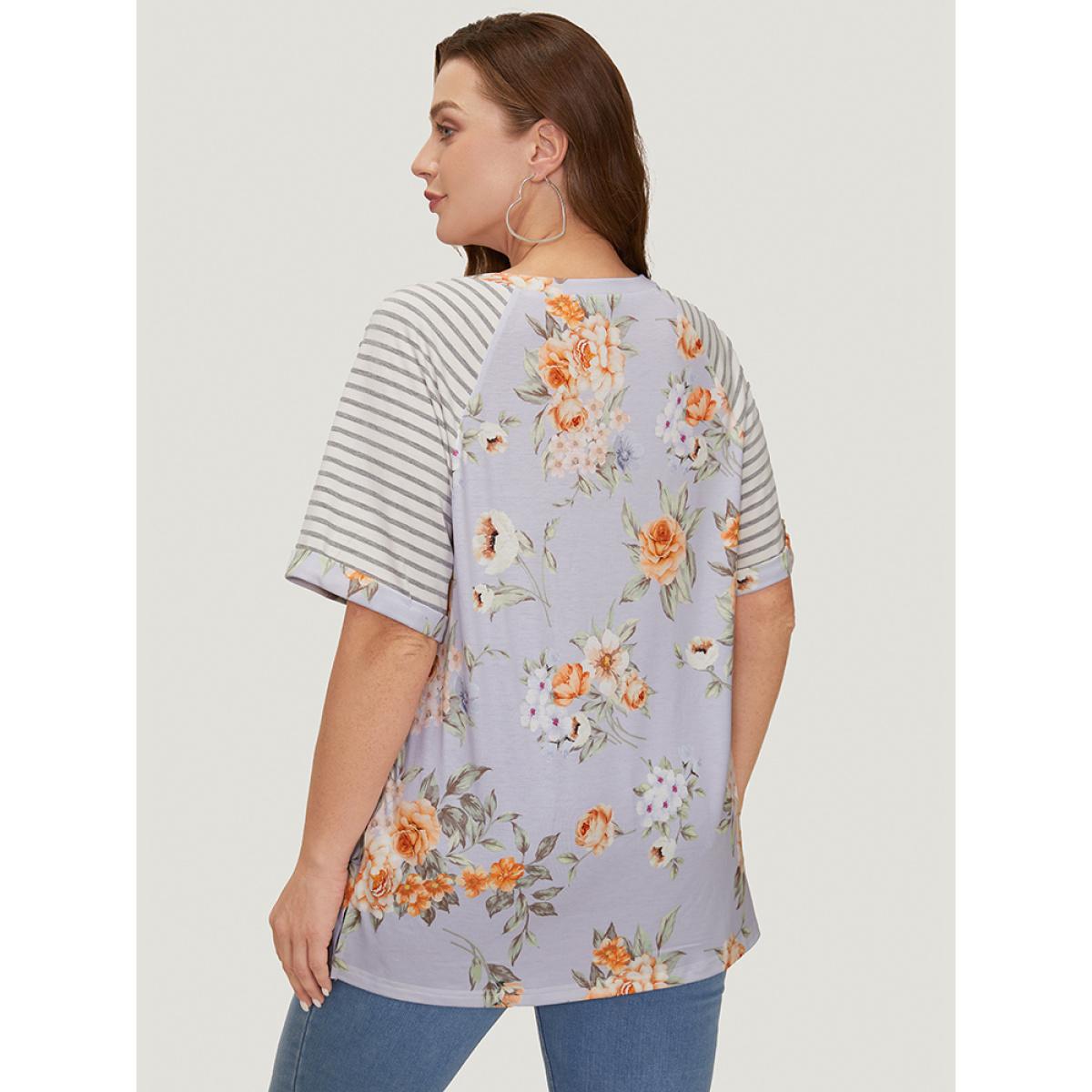 Plus Size Floral & Striped Print Patchwork Roll Raglan Sleeve T-shirt Lavender Women Elegant Patchwork Striped Round Neck Dailywear T-shirts BloomChic 10/M Product Image