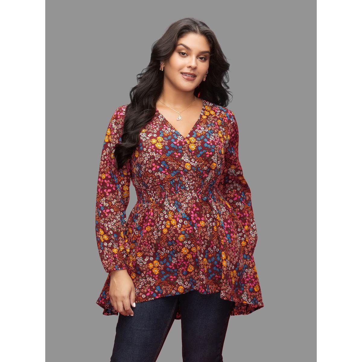 Plus Size Deepred Floral Smocked Waistline Surplice Neck Blouse Women Elegant Long Sleeve Overlap Collar Everyday Blouses BloomChic 30/6X Product Image