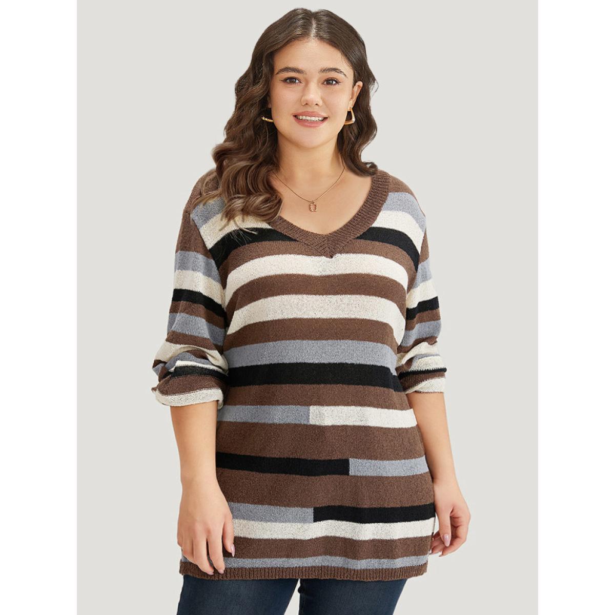 Plus Size Striped Colorblock Contrast V Neck Pullover Multicolor Women Casual Long Sleeve V-neck Dailywear Pullovers BloomChic 26/4X Product Image