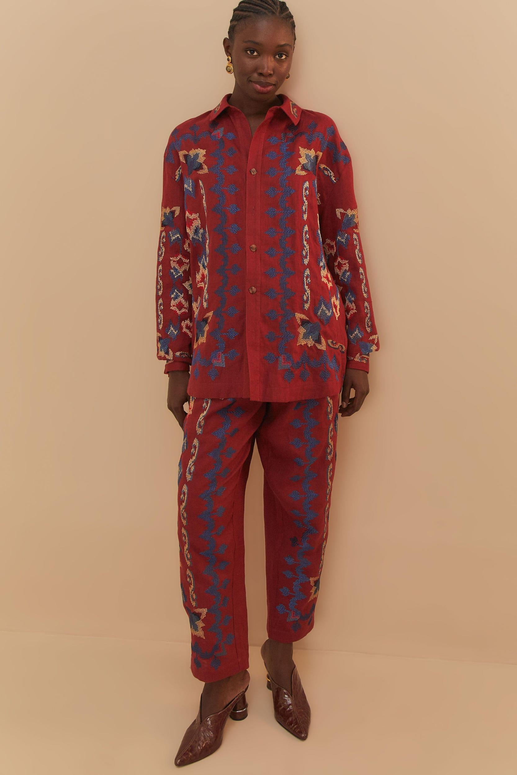 Red Floral Embroidery Jacquard Pants, BURGUNDY / XXS Product Image