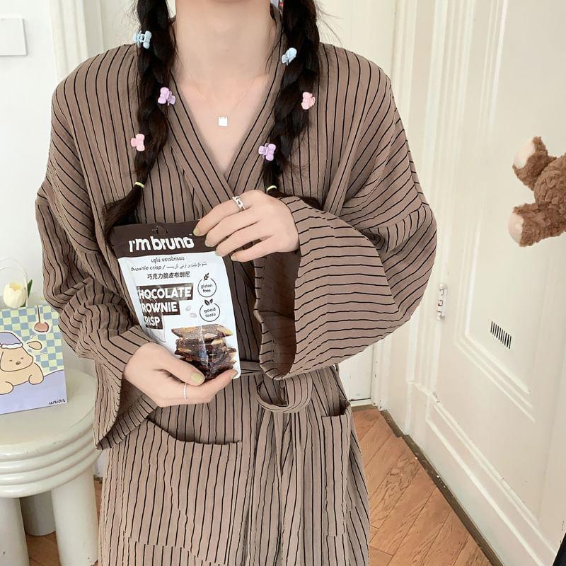 V-Neck Striped Tie Front Robe Product Image